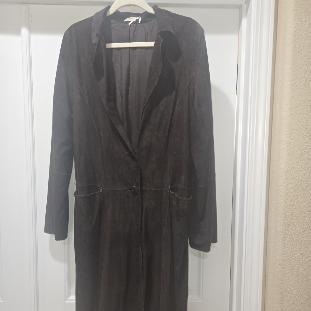 Max Studio Vintage Dark Brown Genuine Suede Trench Coat Large